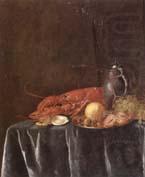 Still life of a lemon,hazelnuts and a crab on a pewter dish,together with a lobster,oysters two wine-glasses,green grapes and a stoneware flagon,all u, Pieter Gijsels